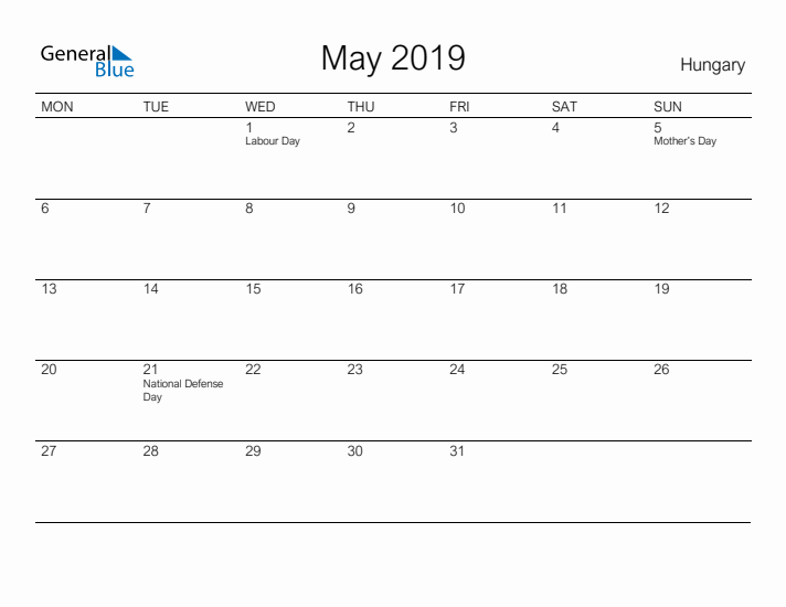 Printable May 2019 Calendar for Hungary