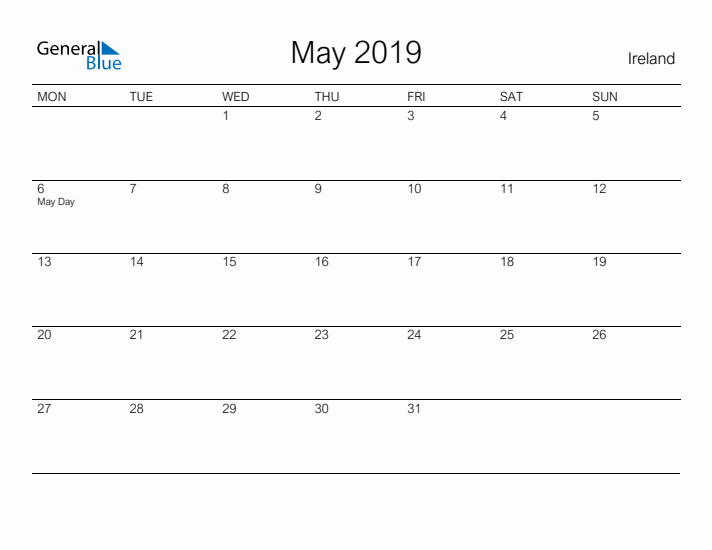 Printable May 2019 Calendar for Ireland