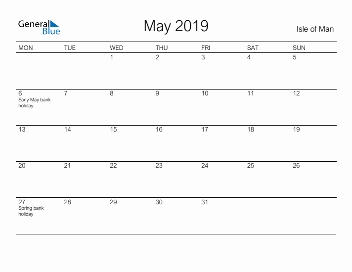 Printable May 2019 Calendar for Isle of Man