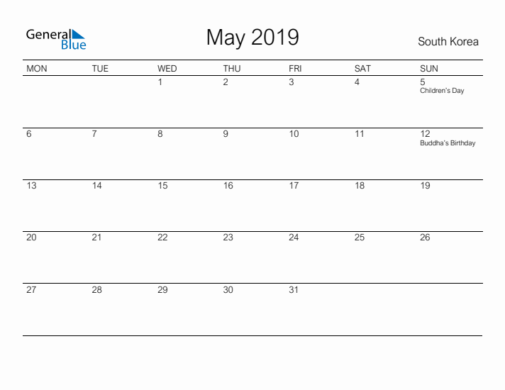 Printable May 2019 Calendar for South Korea