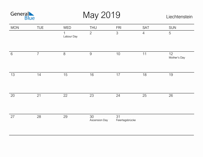 Printable May 2019 Calendar for Liechtenstein