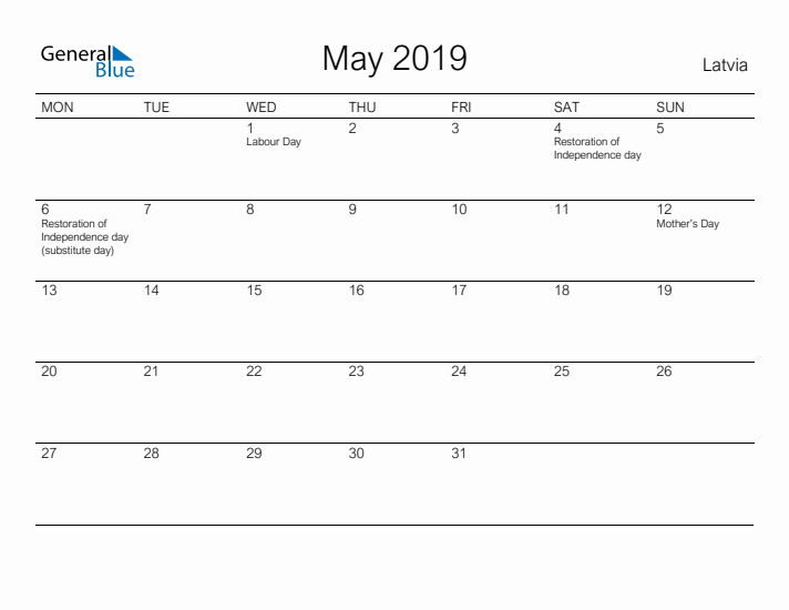 Printable May 2019 Calendar for Latvia