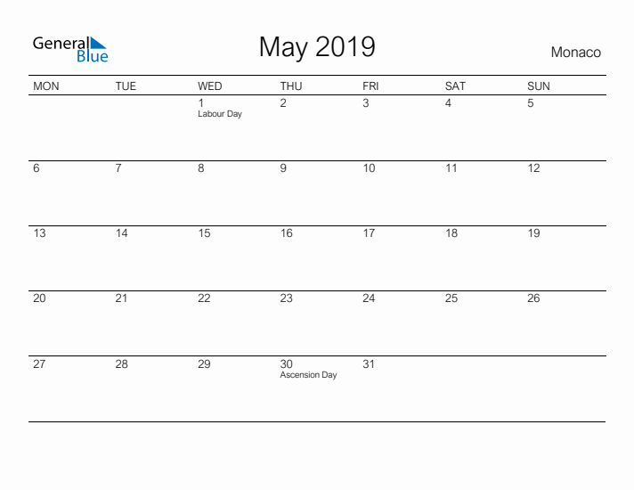 Printable May 2019 Calendar for Monaco