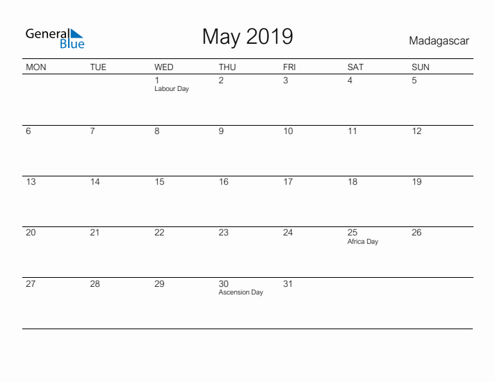 Printable May 2019 Calendar for Madagascar