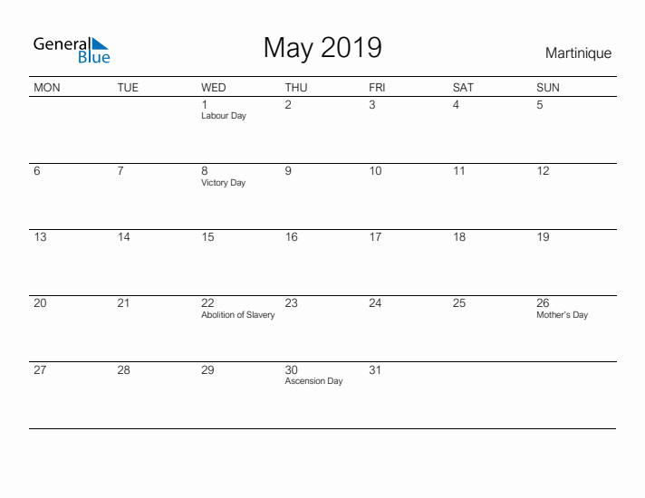 Printable May 2019 Calendar for Martinique