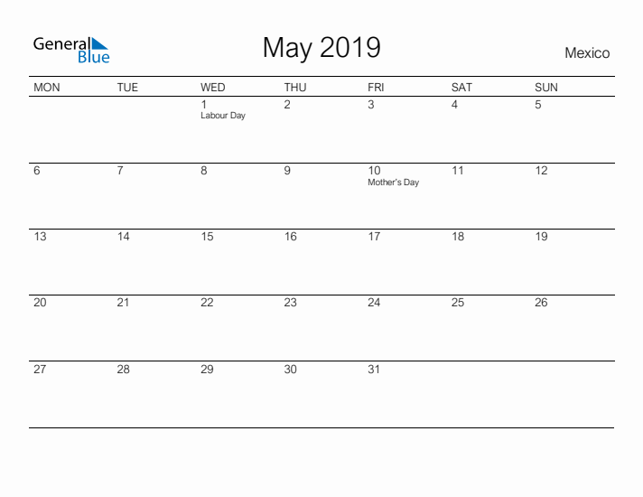 Printable May 2019 Calendar for Mexico