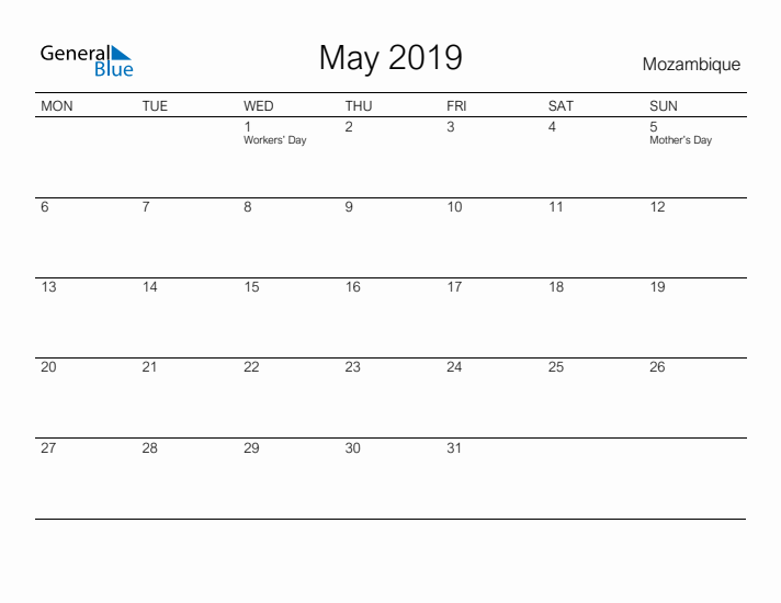 Printable May 2019 Calendar for Mozambique