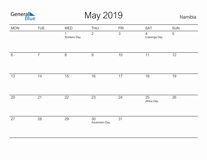 Printable May 2019 Calendar for Namibia