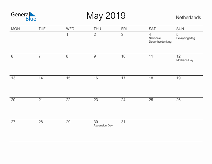 Printable May 2019 Calendar for The Netherlands