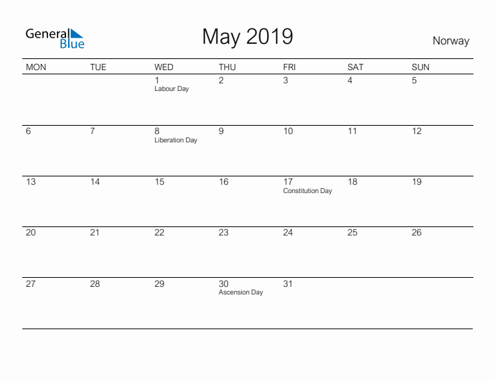 Printable May 2019 Calendar for Norway