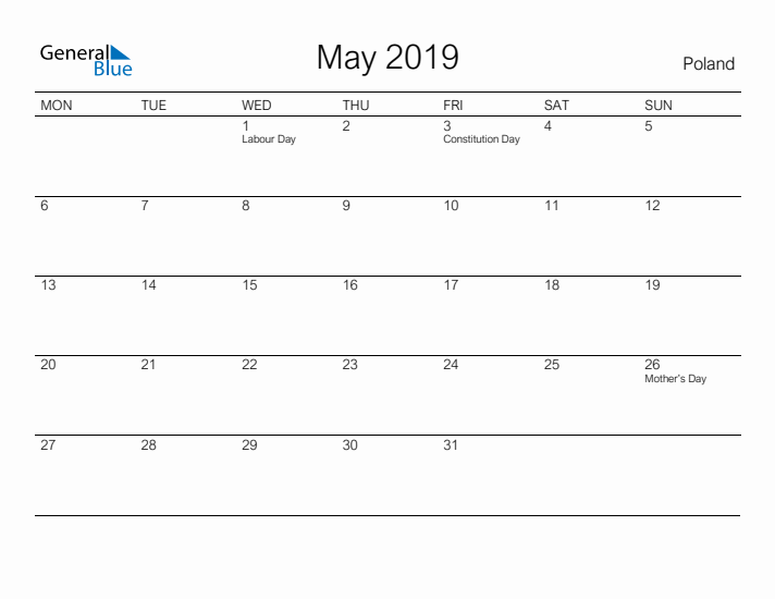 Printable May 2019 Calendar for Poland