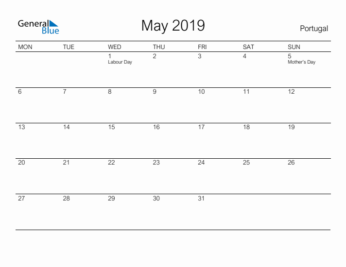 Printable May 2019 Calendar for Portugal