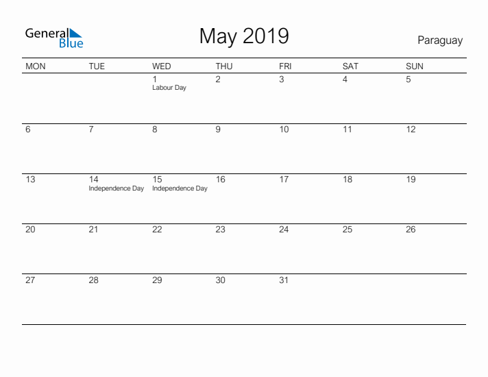 Printable May 2019 Calendar for Paraguay