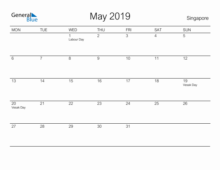 Printable May 2019 Calendar for Singapore