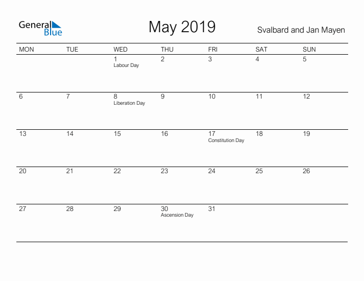 Printable May 2019 Calendar for Svalbard and Jan Mayen