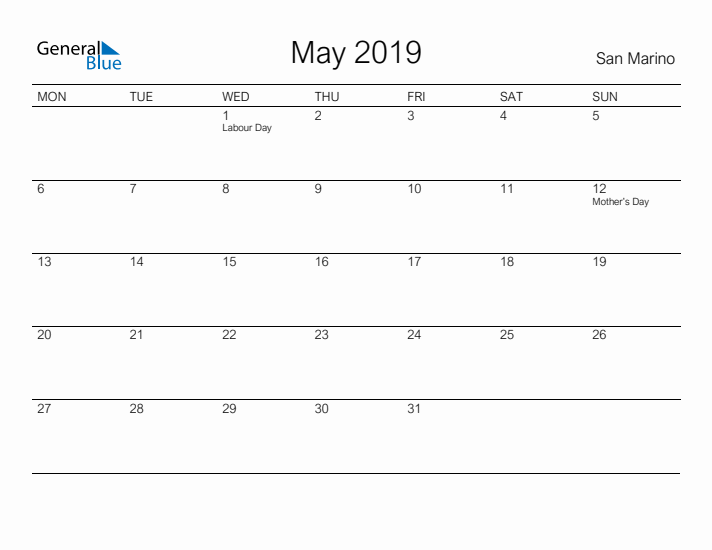 Printable May 2019 Calendar for San Marino