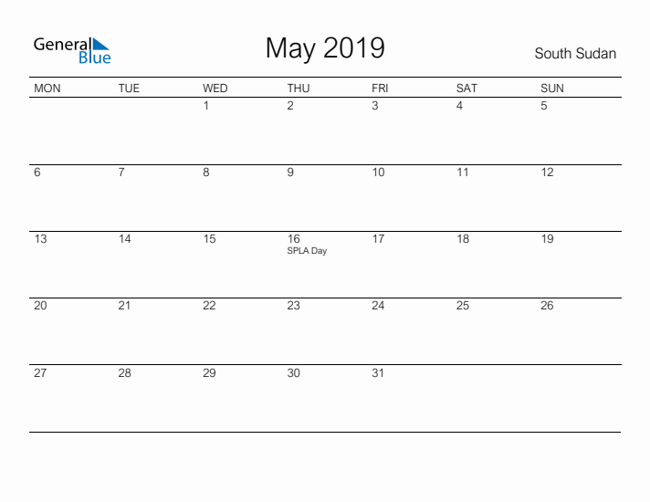 Printable May 2019 Calendar for South Sudan