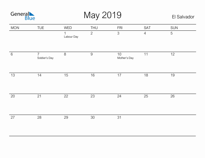 Printable May 2019 Calendar for El Salvador