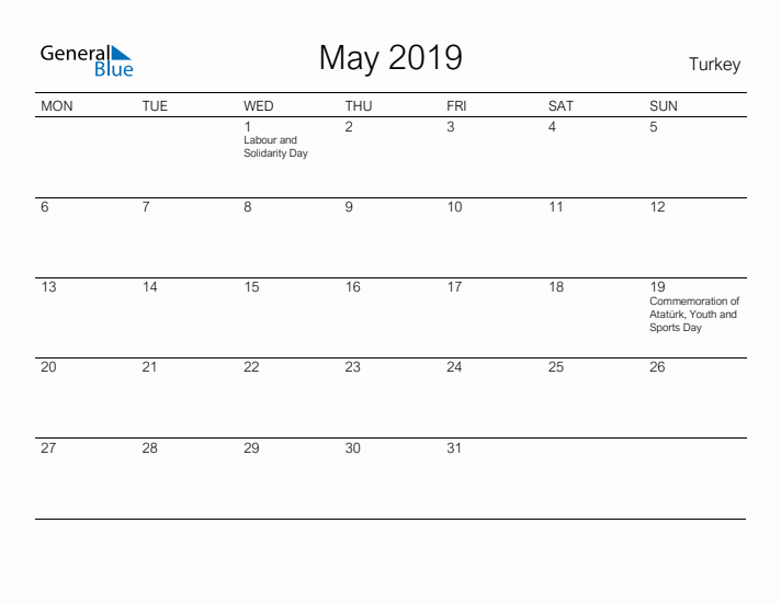 Printable May 2019 Calendar for Turkey