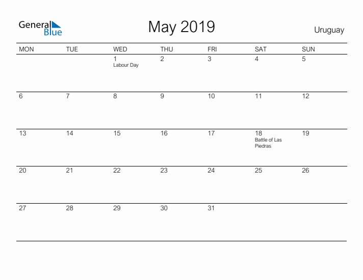 Printable May 2019 Calendar for Uruguay