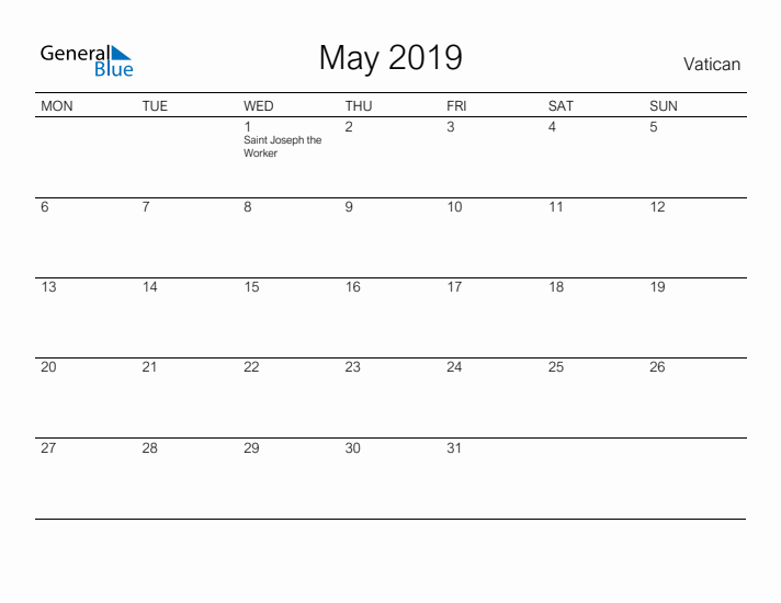 Printable May 2019 Calendar for Vatican