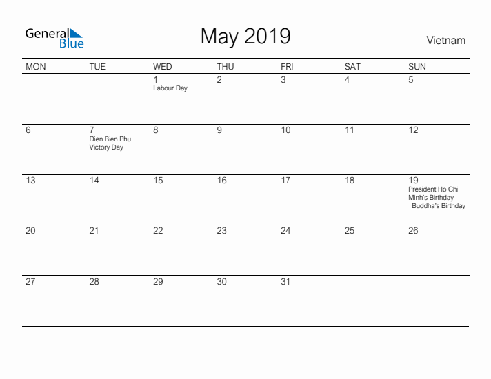 Printable May 2019 Calendar for Vietnam