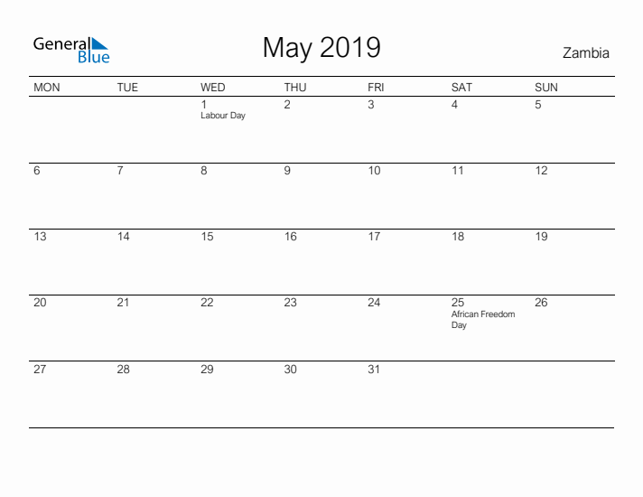 Printable May 2019 Calendar for Zambia