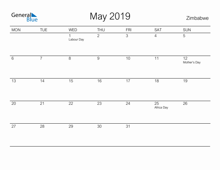 Printable May 2019 Calendar for Zimbabwe