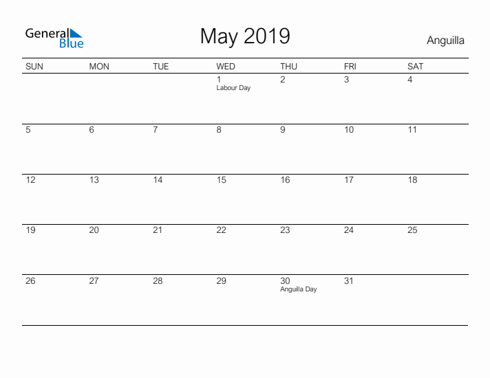 Printable May 2019 Calendar for Anguilla