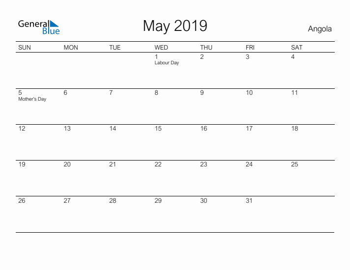 Printable May 2019 Calendar for Angola