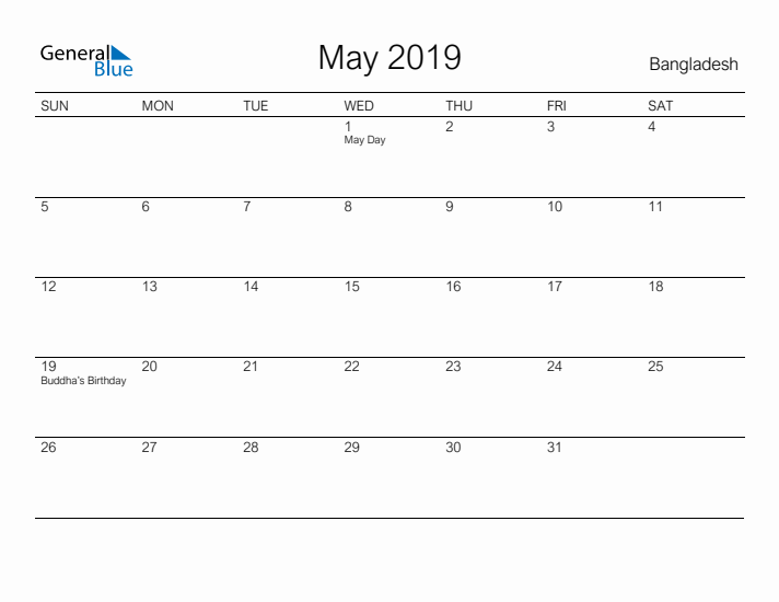 Printable May 2019 Calendar for Bangladesh