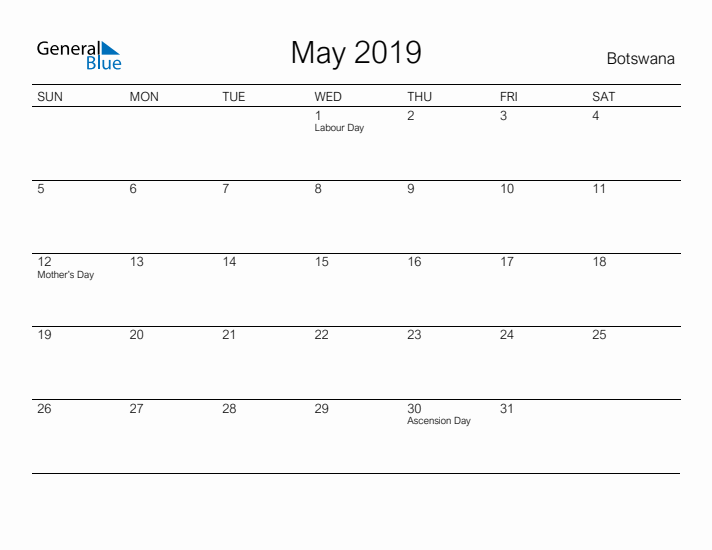 Printable May 2019 Calendar for Botswana