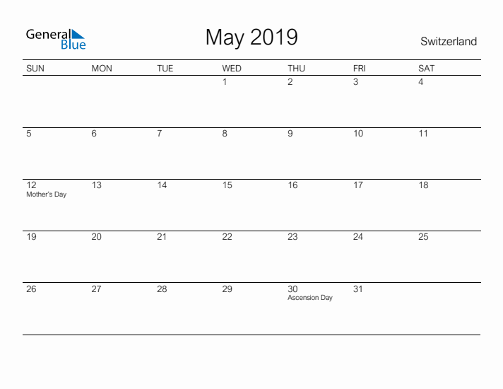 Printable May 2019 Calendar for Switzerland