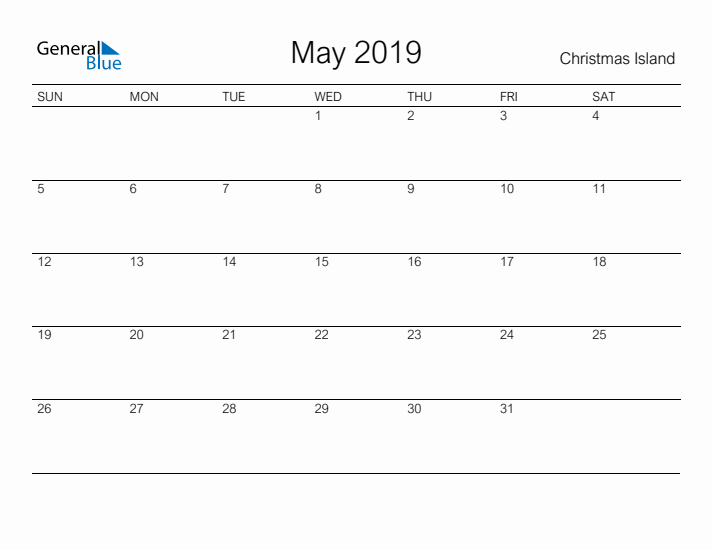 Printable May 2019 Calendar for Christmas Island