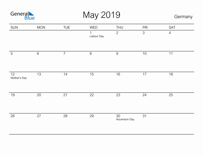 Printable May 2019 Calendar for Germany