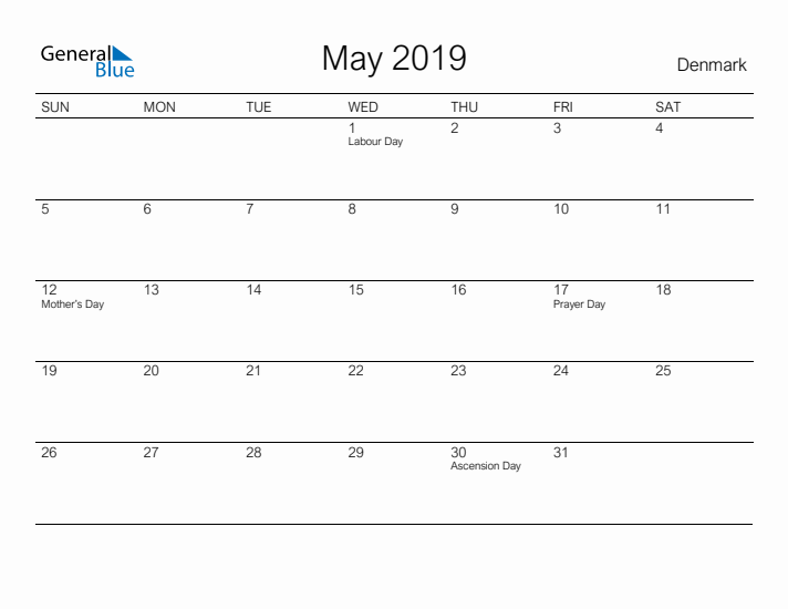 Printable May 2019 Calendar for Denmark