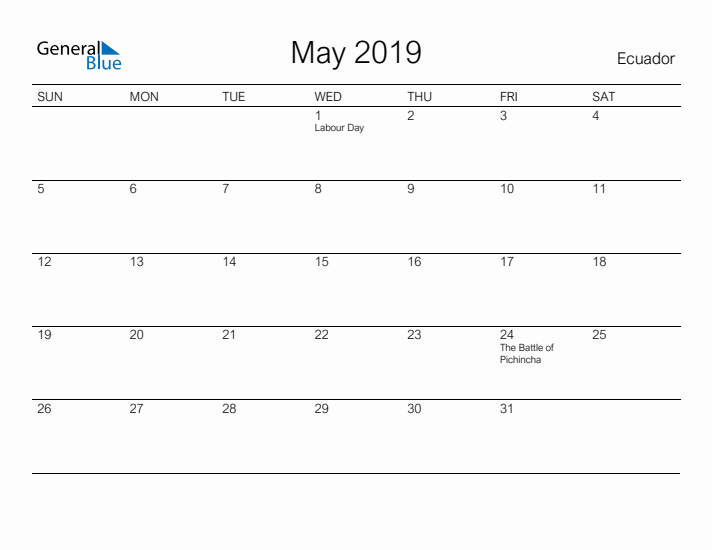 Printable May 2019 Calendar for Ecuador