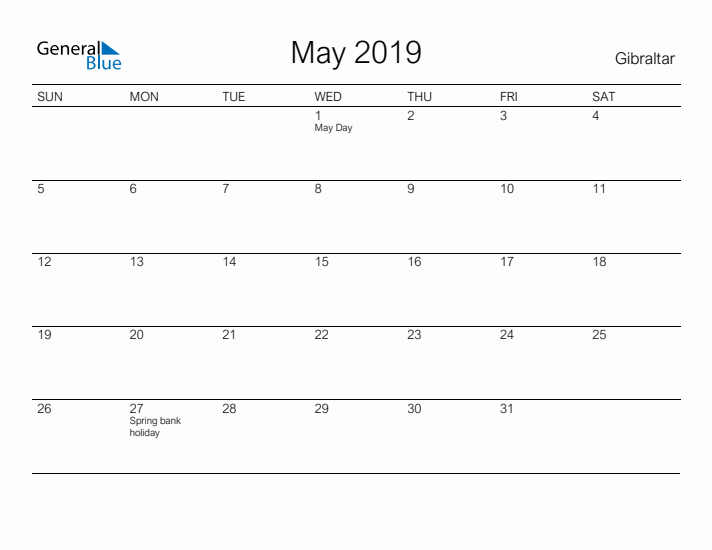 Printable May 2019 Calendar for Gibraltar