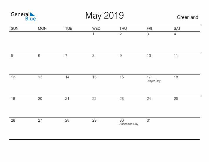 Printable May 2019 Calendar for Greenland