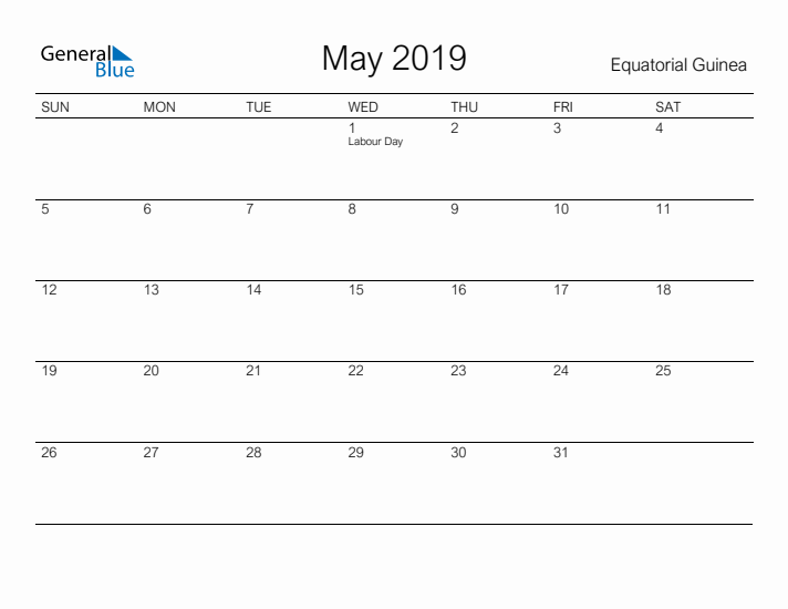 Printable May 2019 Calendar for Equatorial Guinea