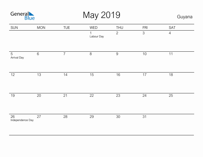 Printable May 2019 Calendar for Guyana