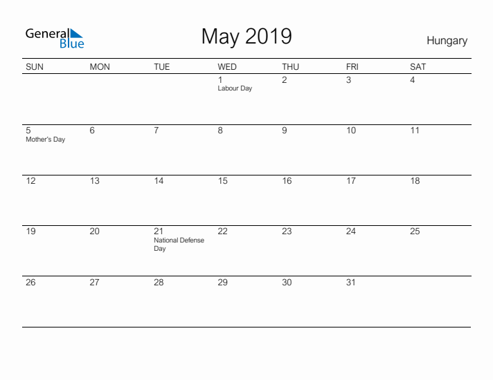 Printable May 2019 Calendar for Hungary