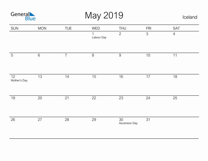 Printable May 2019 Calendar for Iceland