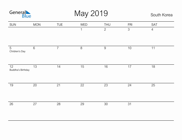 Printable May 2019 Calendar for South Korea