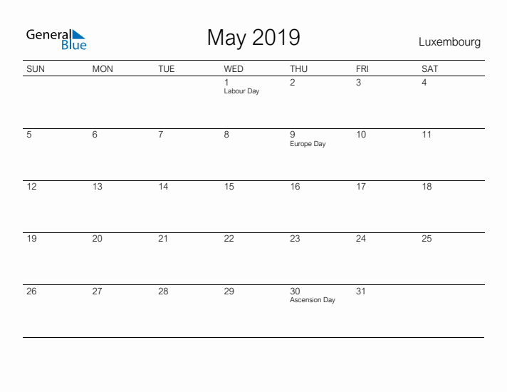 Printable May 2019 Calendar for Luxembourg