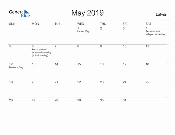 Printable May 2019 Calendar for Latvia