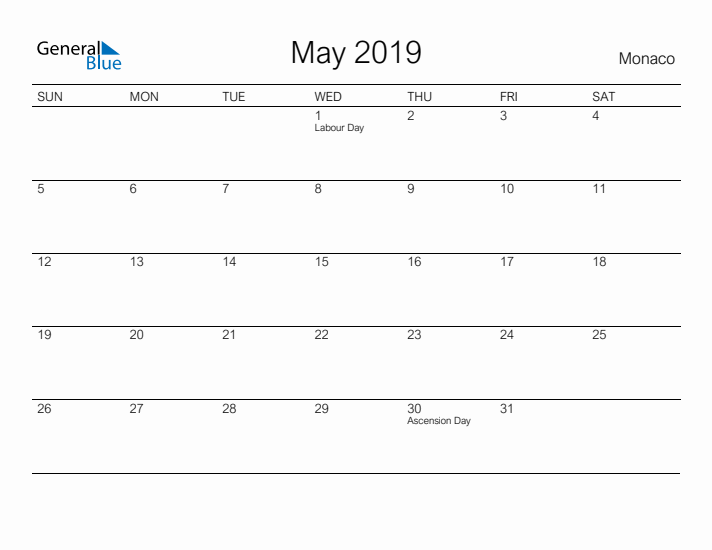 Printable May 2019 Calendar for Monaco