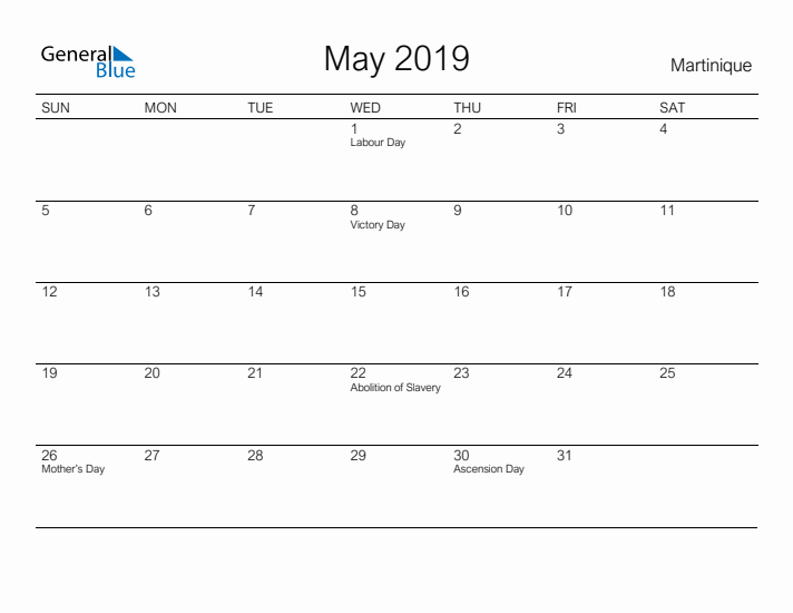 Printable May 2019 Calendar for Martinique