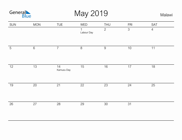 Printable May 2019 Calendar for Malawi