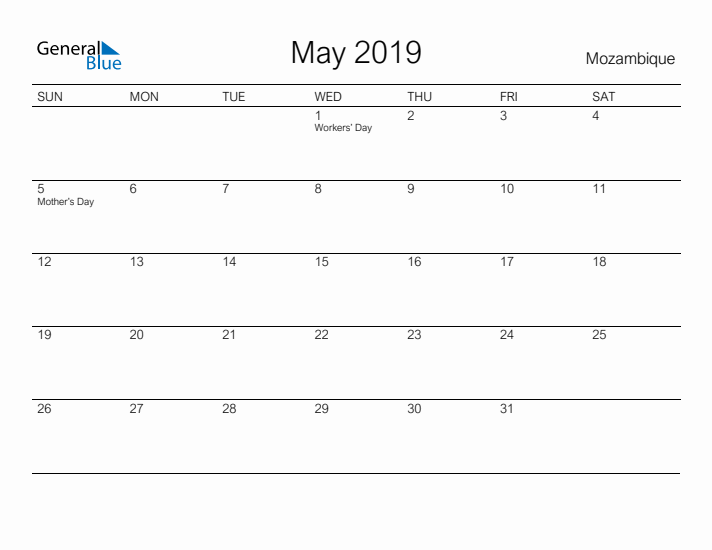 Printable May 2019 Calendar for Mozambique